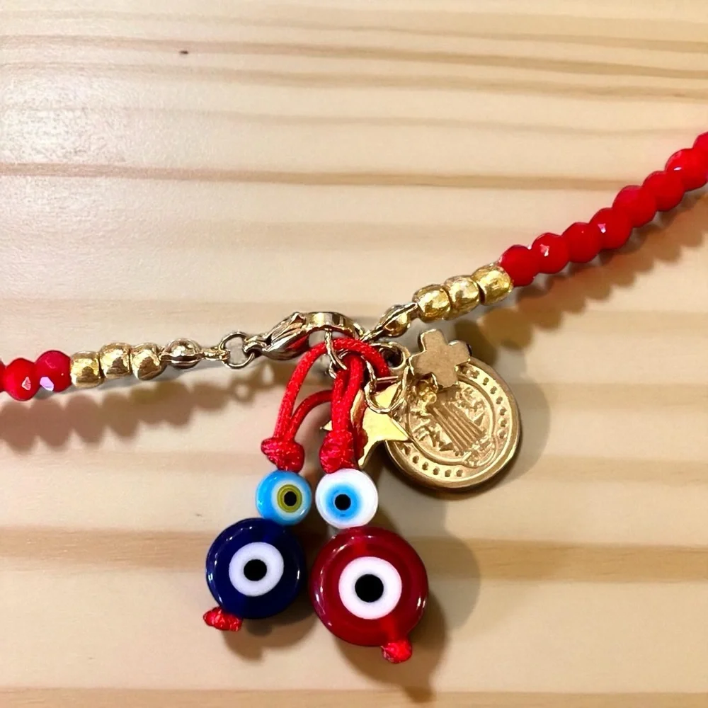 Vibrant Red Hand Beaded Rainbow and Evil Eye Protection Necklace 16”